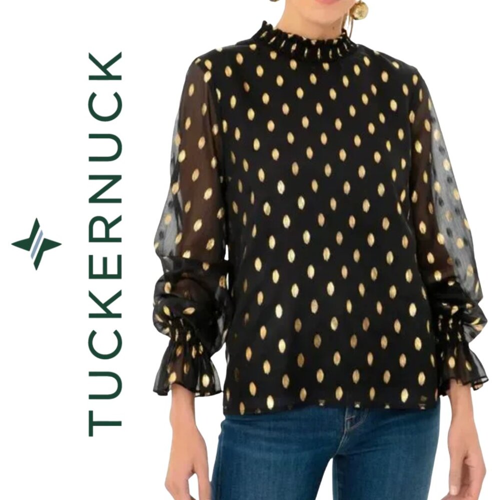 Tuckernuck Pomander Place Size S Black Celeste Blouse Top Sheer Metallic Gold